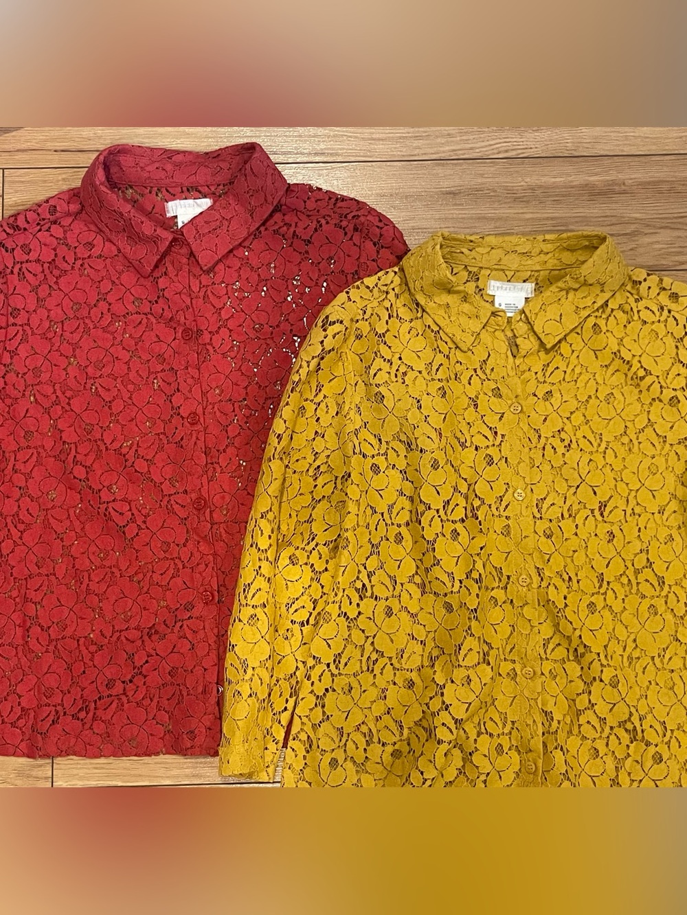 Cooperative 2 Lace Button-Down Shirts small one red one yellow mustard